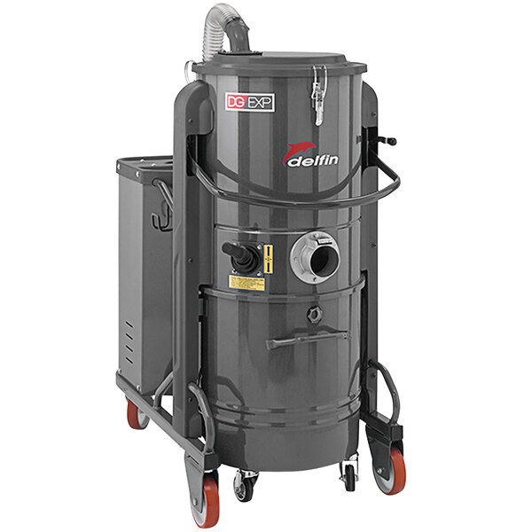 A grey Delfin Industrial vacuum cleaner on wheels.