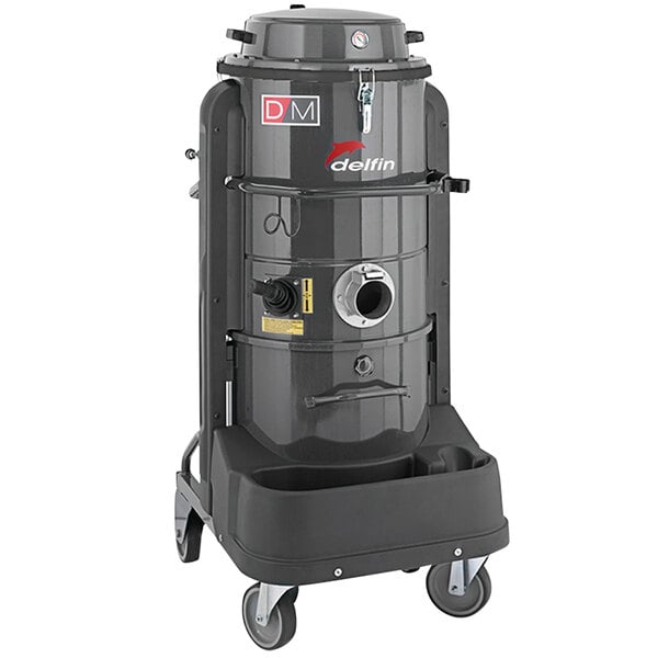 A black Delfin Industrial Air pneumatic industrial vacuum cleaner on wheels.