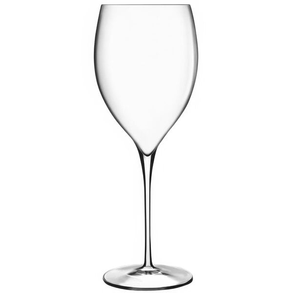 A close-up of a Luigi Bormioli Magnifico wine glass with a long stem.