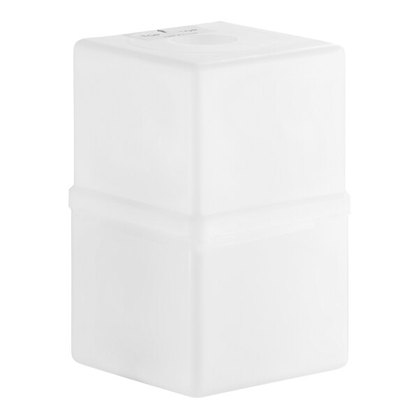 A white, rectangular, plastic container with a slightly raised seam around the middle and a label on the top.