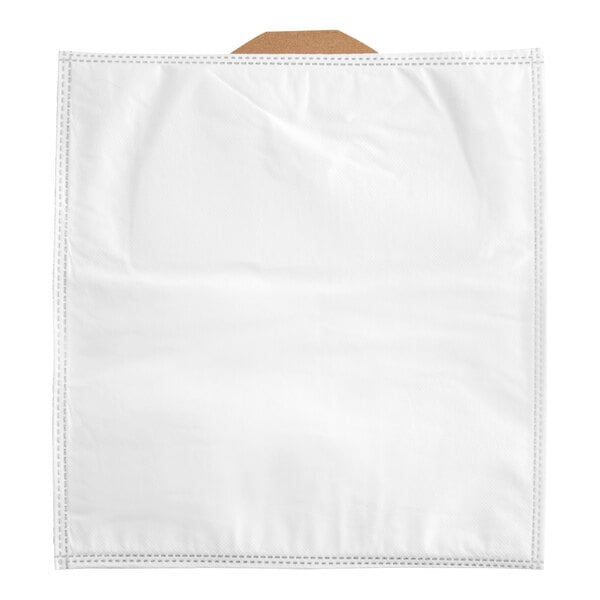 A white, square-shaped filter bag with stitched edges and a small brown tab visible at the top center.