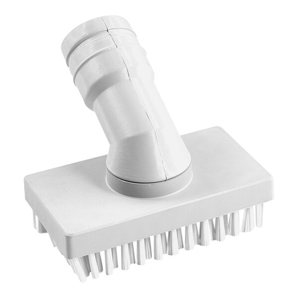 A white rectangular brush attachment with stiff bristles and an angled connector, designed for use with vacuum cleaners.