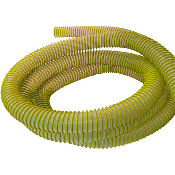 A yellow corrugated Delfin Industrial vacuum hose with two white stripes.