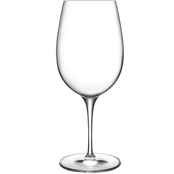 A close-up of a clear Luigi Bormioli Palace wine glass with a stem.