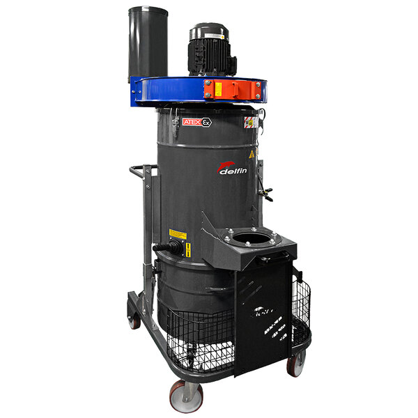 A large Delfin ZEFIRO portable dust collector on wheels with a black and blue handle.