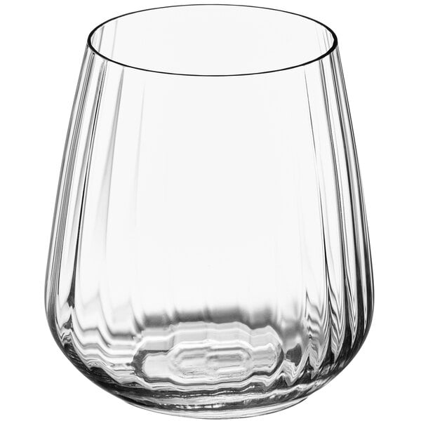 a clear glass with a curved rim