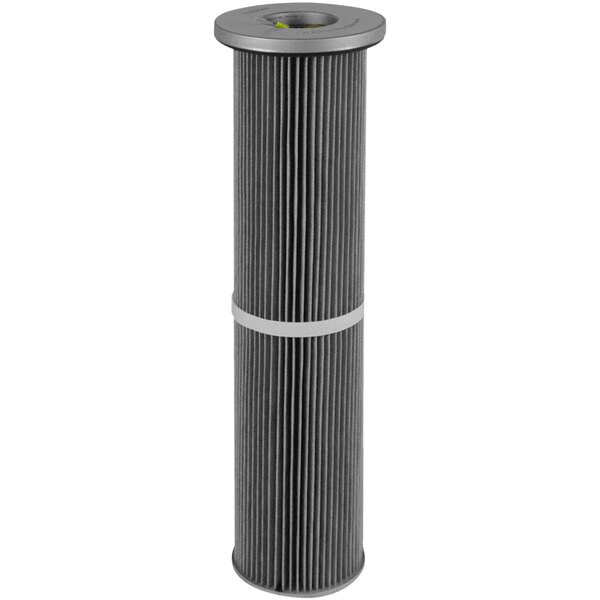 A close-up of a black and grey Delfin Industrial antistatic polyester filter cylinder.