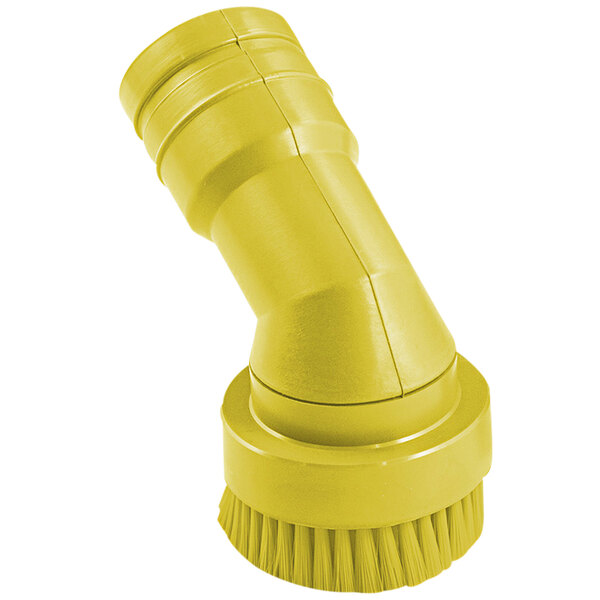 A yellow plastic pipe with a yellow circular brush on the end with round bristles.