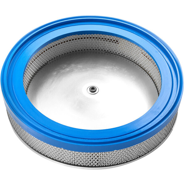 A white and blue metal HEPA/H filter cartridge for a Delfin Industrial vacuum.