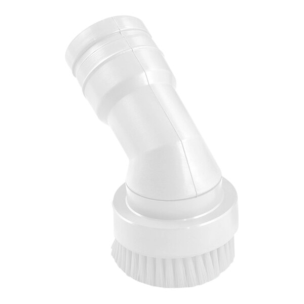 A white, round brush attachment with bristles and an angled plastic connector, likely designed for use with a vacuum cleaner.