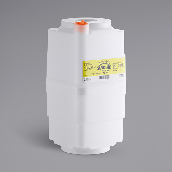 A white plastic container with a yellow label with black text reading "Atrix SafeGuard 360 HEPA-Certified Filter Cartridge"