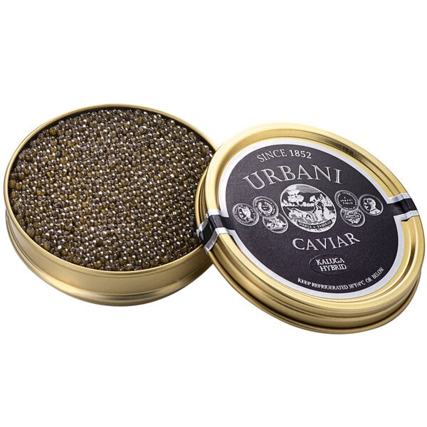 A round metal Urbani container of black caviar with the lid open.