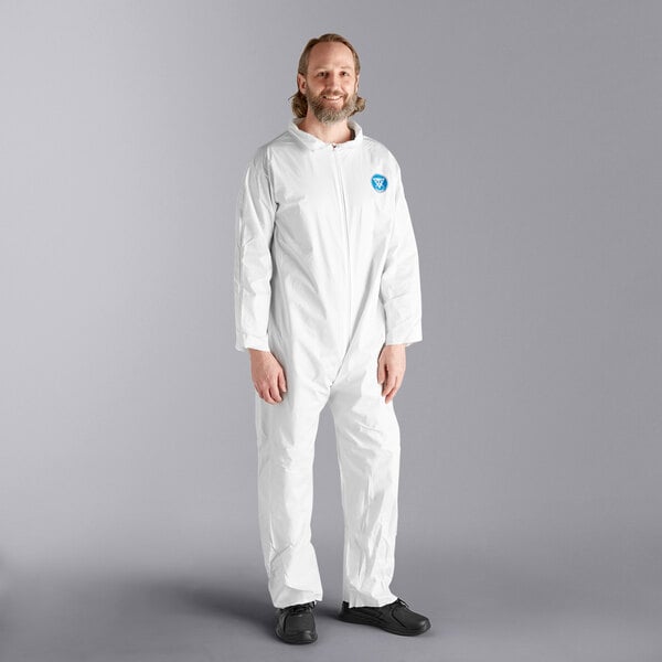 A man wearing a white Malt Impact ProMax coverall.