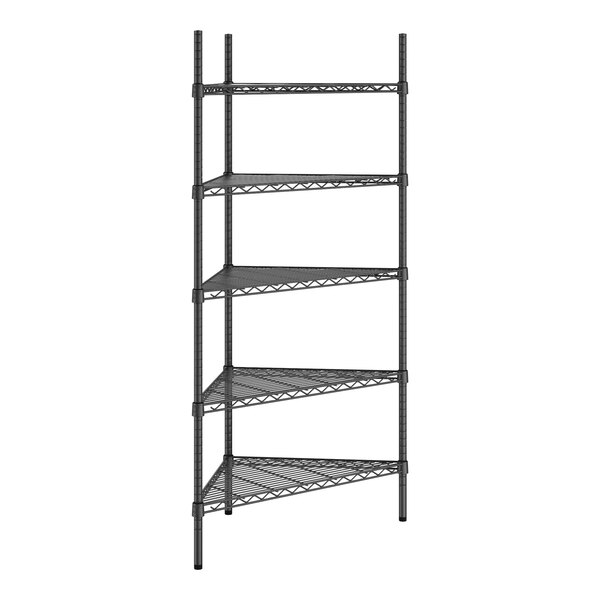 A black metal Regency wire shelving unit with five shelves.