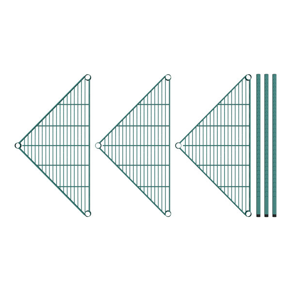 A row of green Regency wire shelves in the shape of triangles.