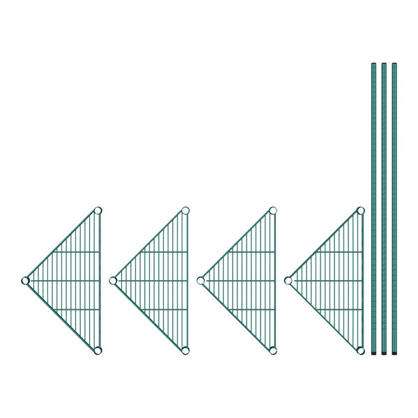A group of Regency green metal wire shelves in triangle shapes.