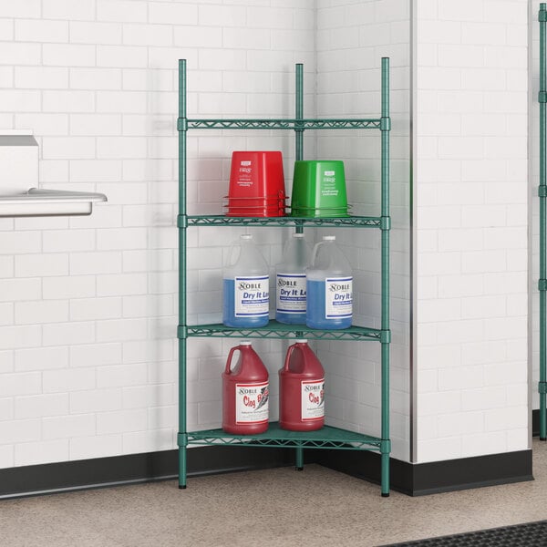 A green metal Regency wire shelf with containers on it.