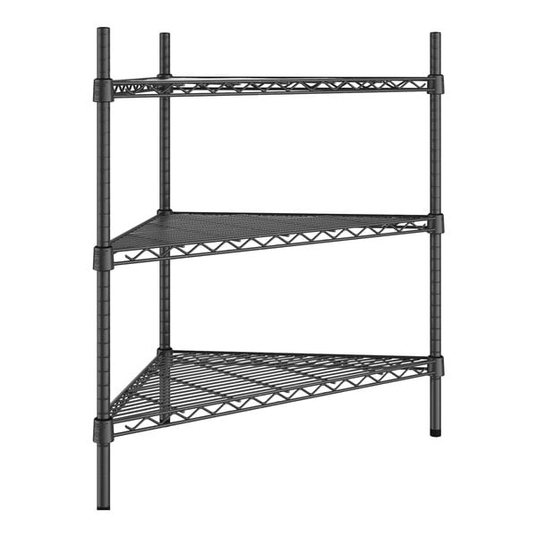 A black metal Regency wire shelving kit with three shelves.