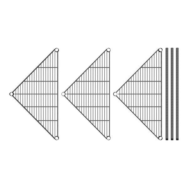 A set of metal triangle shapes with black wire shelves.