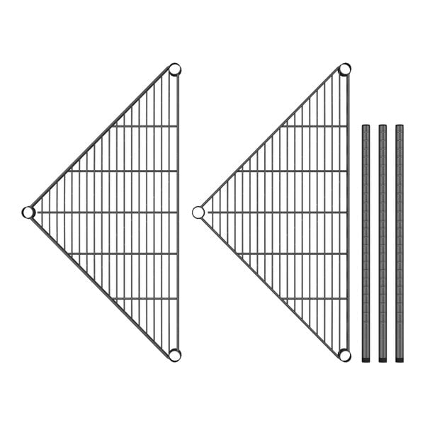 A Regency black wire triangle shelf kit with two metal shelves on it.