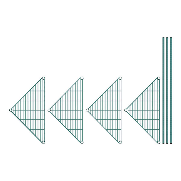 A row of green Regency metal triangles with wire shelves.