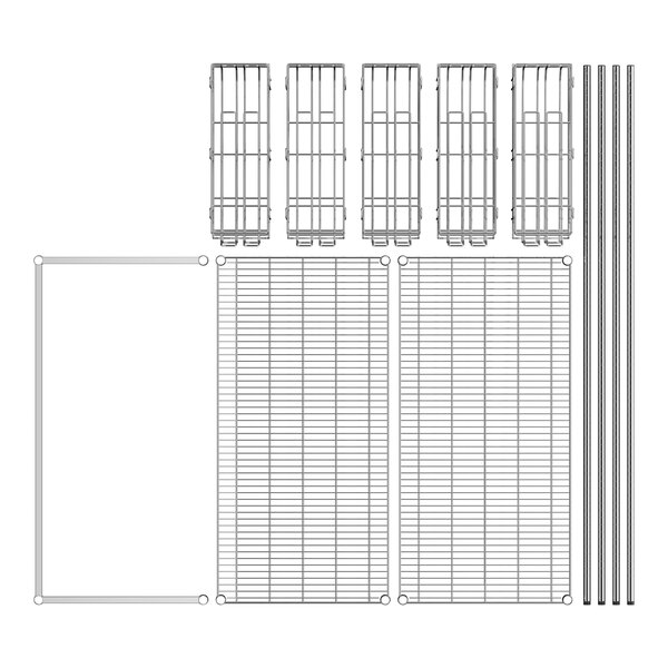 A drawing of a Regency chrome metal roll under shelf kit with can racks and posts.
