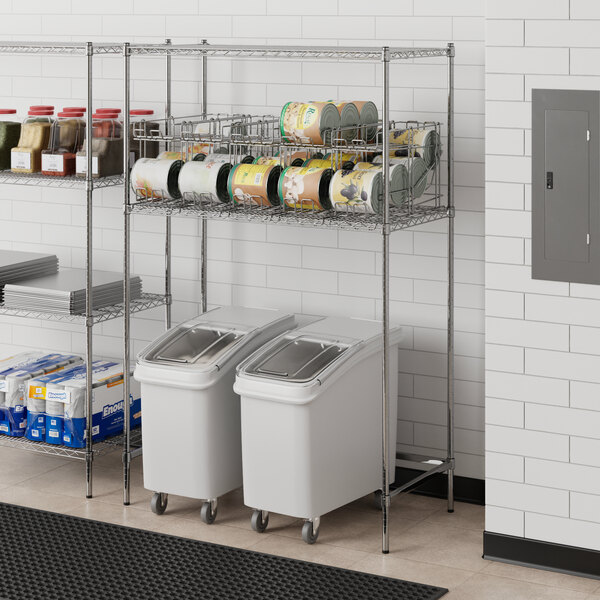 Chrome metal Regency shelving with can racks under a shelf.
