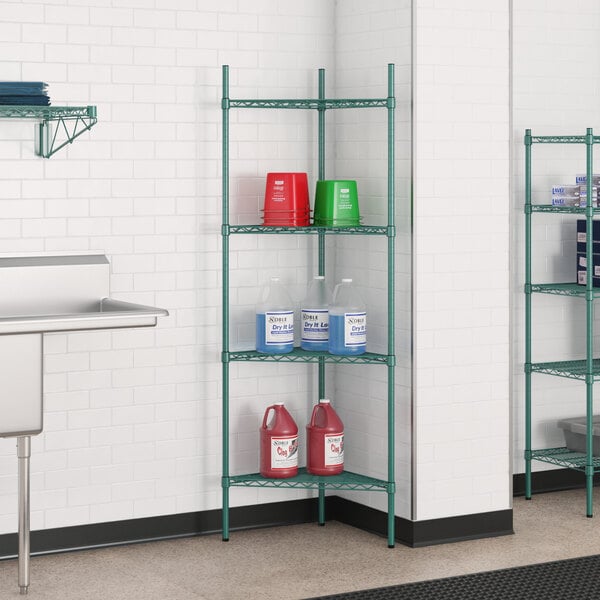 A green Regency wire shelving unit with 4 shelves.