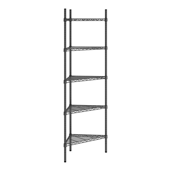 A black Regency wire shelving unit with five shelves.