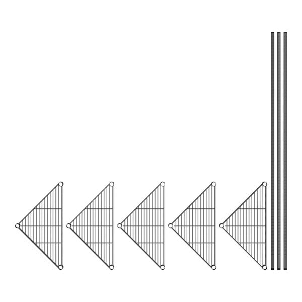 A drawing of a black metal triangle-shaped wire shelf kit.