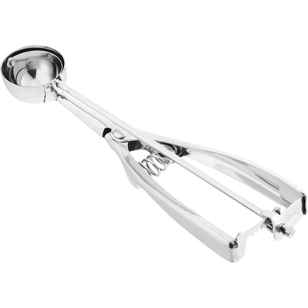 A silver stainless steel round squeeze handle ice cream scoop.