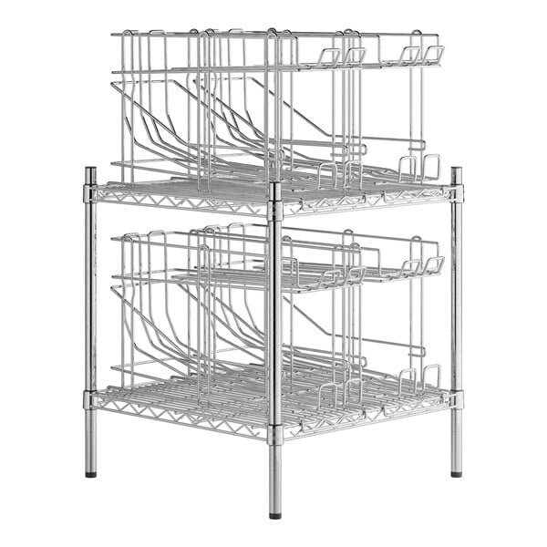 A Regency chrome wire shelf kit with can racks on shelves.