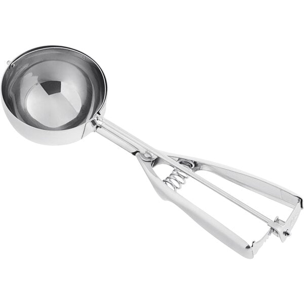 A round stainless steel ice cream scoop with a squeeze handle.