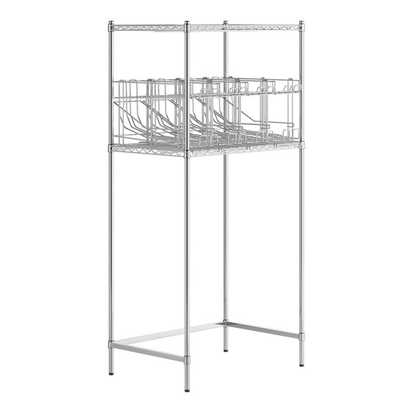 A chrome metal Regency under shelf kit with can racks on a shelf.