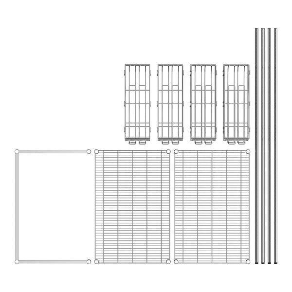 A drawing of a Regency chrome metal roll under shelf kit with posts and can racks.