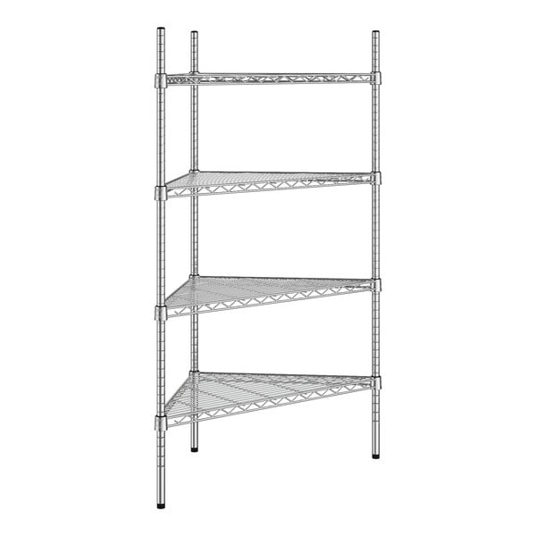 A Regency chrome wire shelving unit with four triangle shelves.