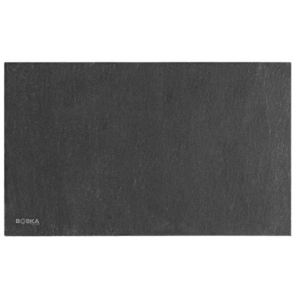 A rectangular black slate serving board.