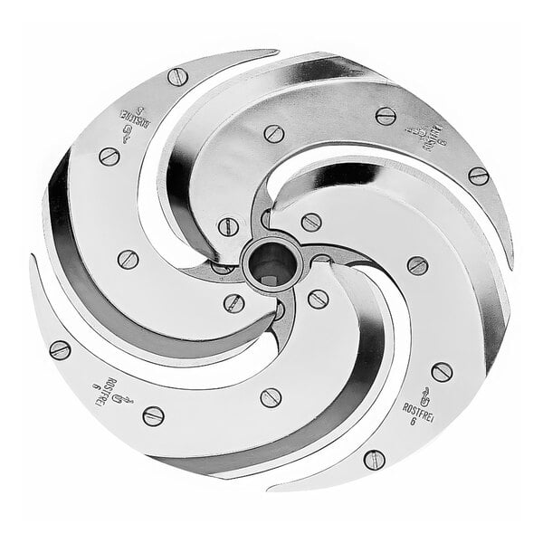 A white circular metal Robot Coupe slicing disc with four holes.