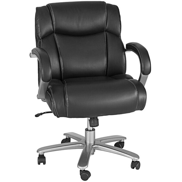 A Safco Lineage black leather office chair with wheels.