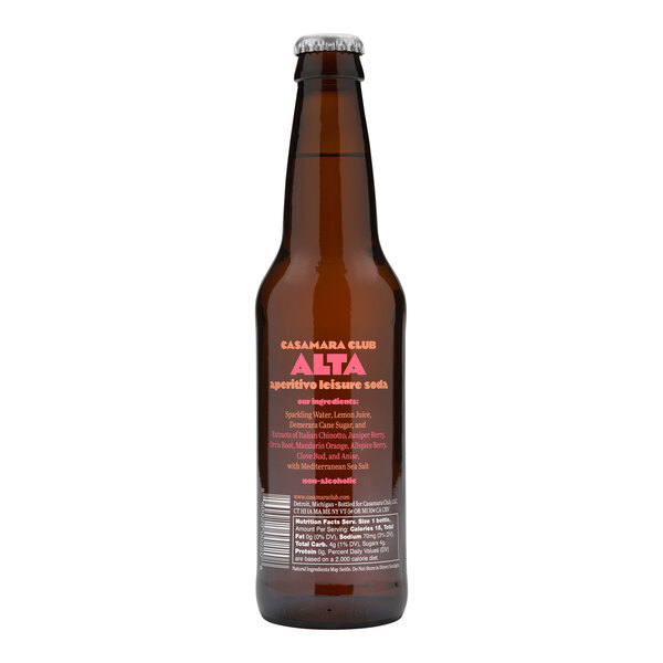 A brown Casamara Club Alta Aperitivo soda bottle with a white cap and label.