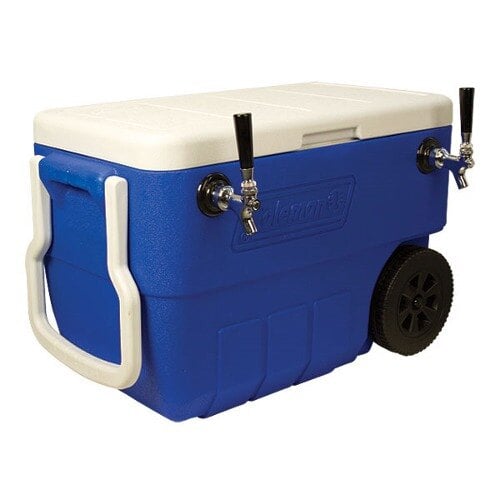 A blue and white Micro Matic jockey box cooler with two taps.