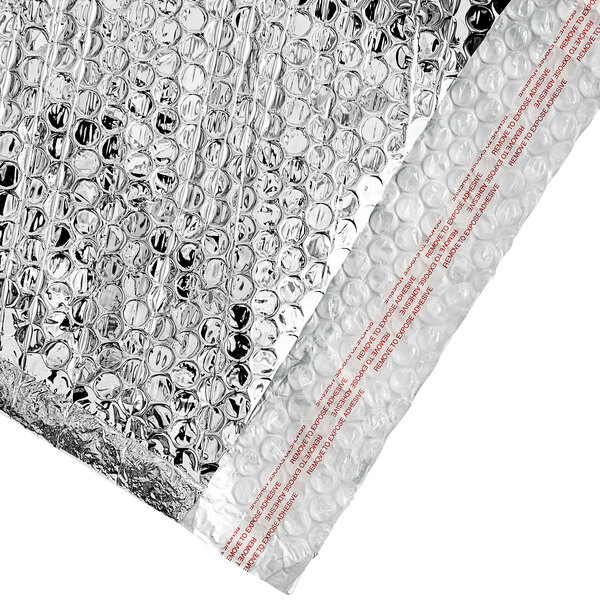 A close-up of a silver bubble wrap with red and white stripes.