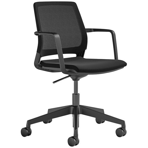 A black Safco Medina office chair with wheels.