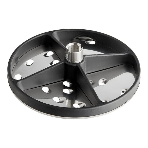 A black and silver circular metal disc with holes.