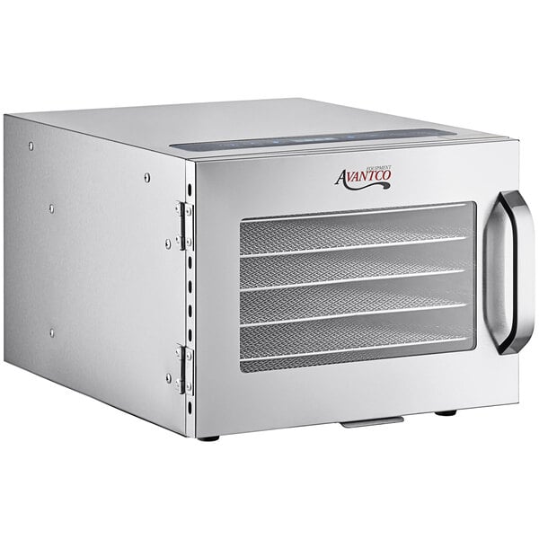 An Avantco stainless steel rectangular food dehydrator with a glass door.