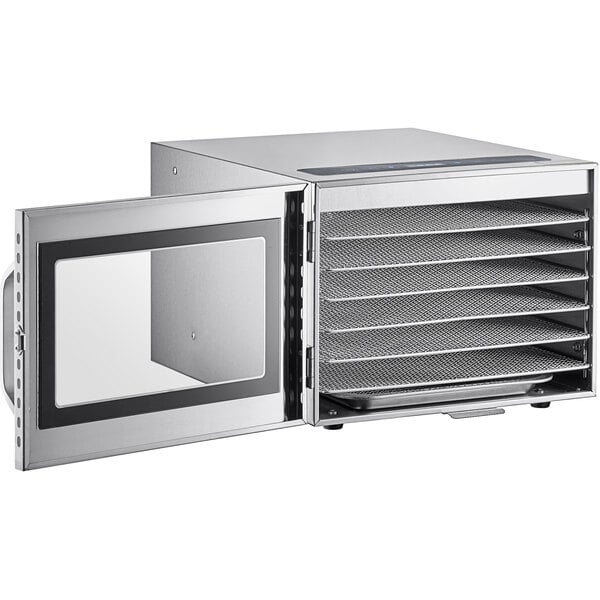 An Avantco stainless steel food dehydrator with a glass door open.