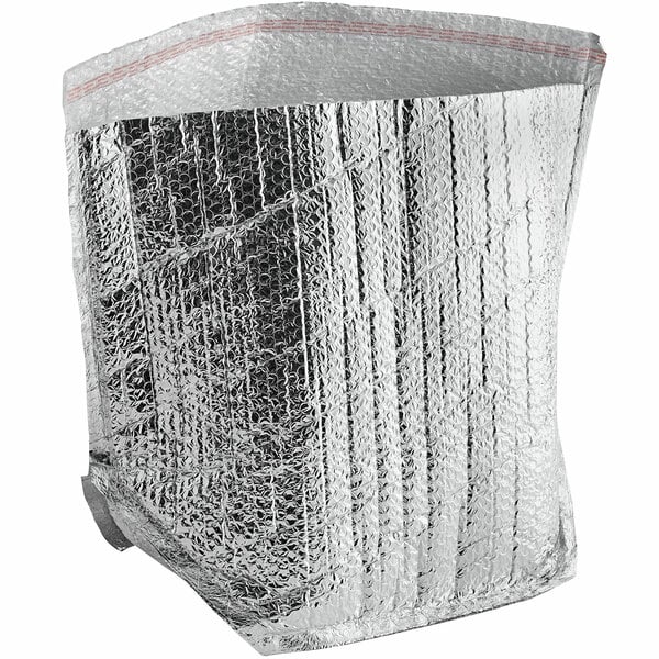 A large silver bag with a red stripe.