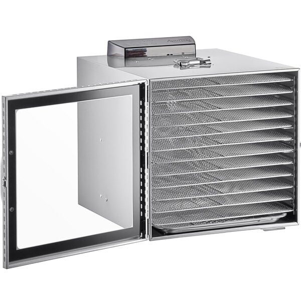 An Avantco stainless steel food dehydrator with a glass door.