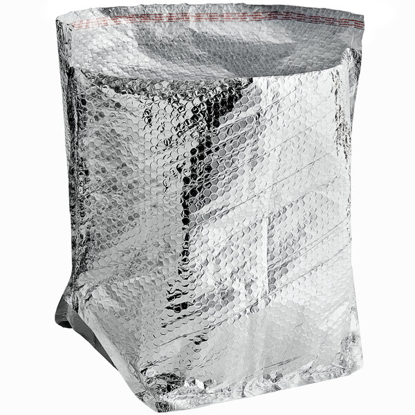 A silver foil bag with a red stripe.
