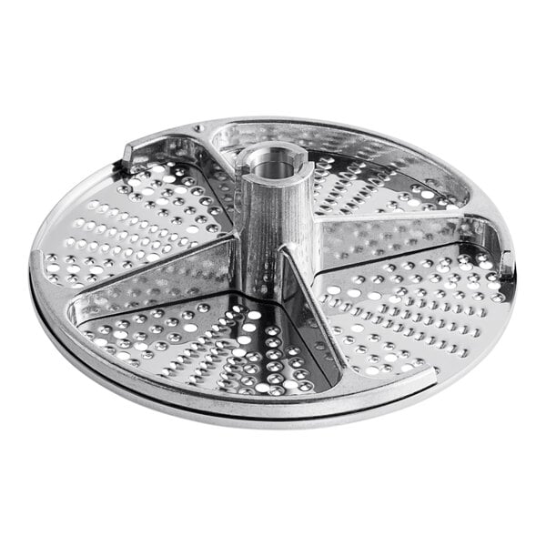 A silver metal circular disc with holes.